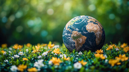 A globe lying on a green meadow among flowers.