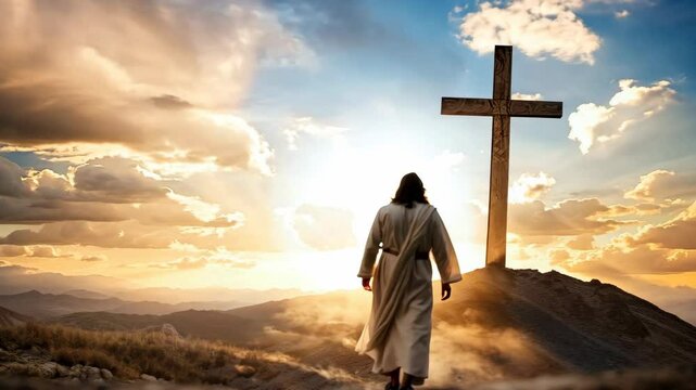 Jesus Christ in white robe nearing cross with sunrays 4K