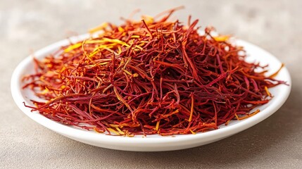 Fototapeta premium Bright Red Saffron Stigmas on White Plate with Textured Background