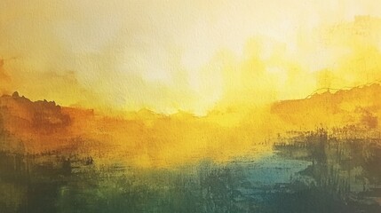 Fototapeta premium Warm colors blend in the sky during a sunset, casting reflections on a calm water surface. The landscape features soft hills silhouetted against the vibrant horizon