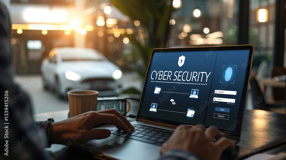 Poster cyber security system on computer screen protect private information brisk from hacker and cyber att