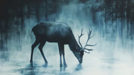 A peaceful moment as a stag lowers its head to graze, mist swirling gently around its legs in the cool morning air © Yaroslav Stepannikov