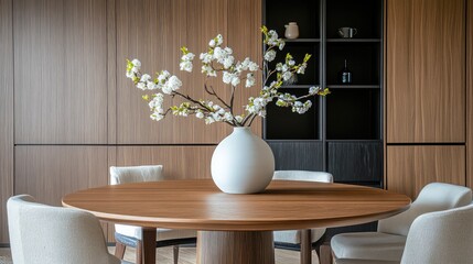 Elegant dining space with a round wooden table, upholstered chairs, and contemporary dcor elements. Copy space.