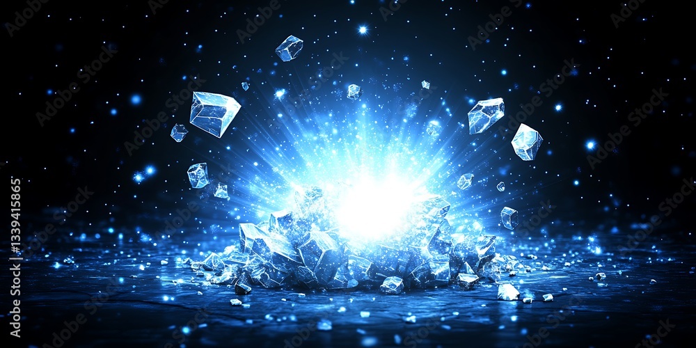 Poster captivating luminous crystal explosion with fragments and sparkling particles
