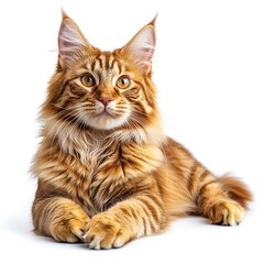 Obraz premium Majestic Maine Coon cat lounging gracefully against a white background captured in a serene moment