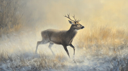 Obraz premium A deer mid-step, cautiously moving through a frost-kissed field, the mist giving the scene an ethereal glow