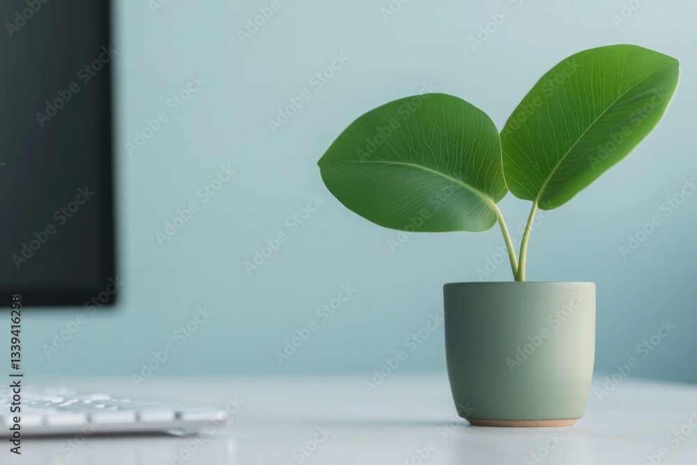 Poster close-up view of sleek desk setup with monitor potted plant and keyboard captured in soft natural li