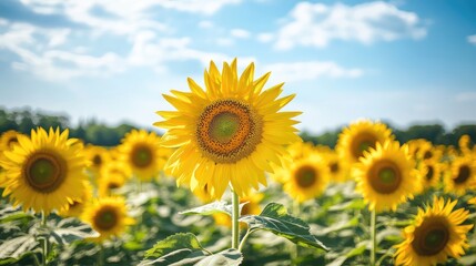 Obraz premium Endless sunflower fields under a blue sky, ideal for showcasing the beauty of local rural destinations.