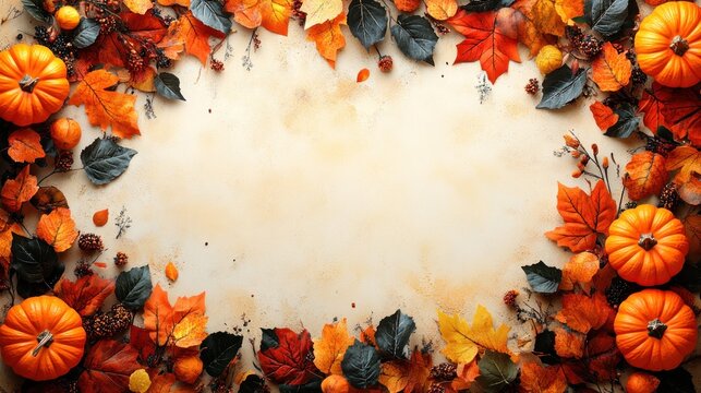 Autumn leaves and pumpkins frame on table, copy space background