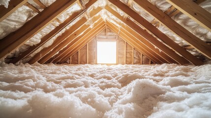 Attic space being insulated with thick layers of polyurethane spray foam.