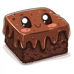 Cute smiley happy cartoon sticker chocolate brownie cake slice character face eyes dessert illustration drawing, white background

