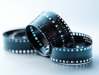 Captivating close up of a film reel in a studio setting with a minimalist background and soft lighting for a nostalgic mood