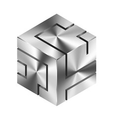 Abstract metallic cube on transparent background
