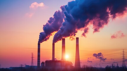 Industrial cooling tower releasing thick chemical smoke into the sky, environmental pollution concept. Copy space.