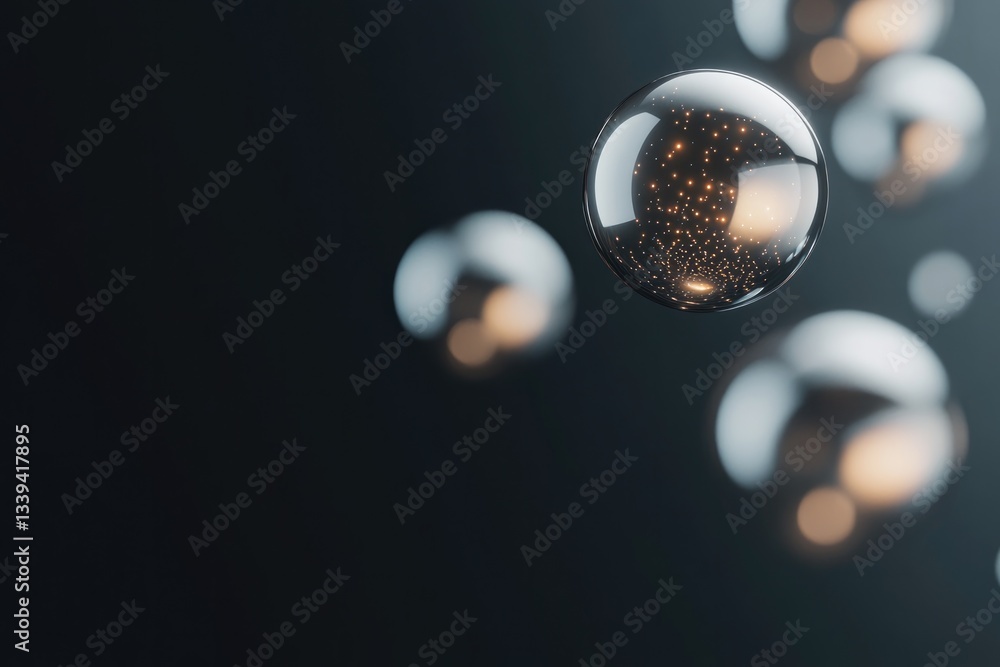 Poster conceptual image of floating metallic spheres each reflecting glowing abstract patterns under dark b