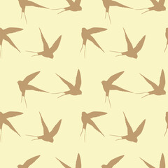 Seamless pattern with swallow silhouette on color background. Cute bird in flight. Vector illustration. Doodle style. Design for invitation, poster, card, fabric, textile.