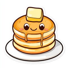 Cute smiley happy cartoon sticker pancake stack with butter maple syrup character face eyes dessert illustration drawing, white background

