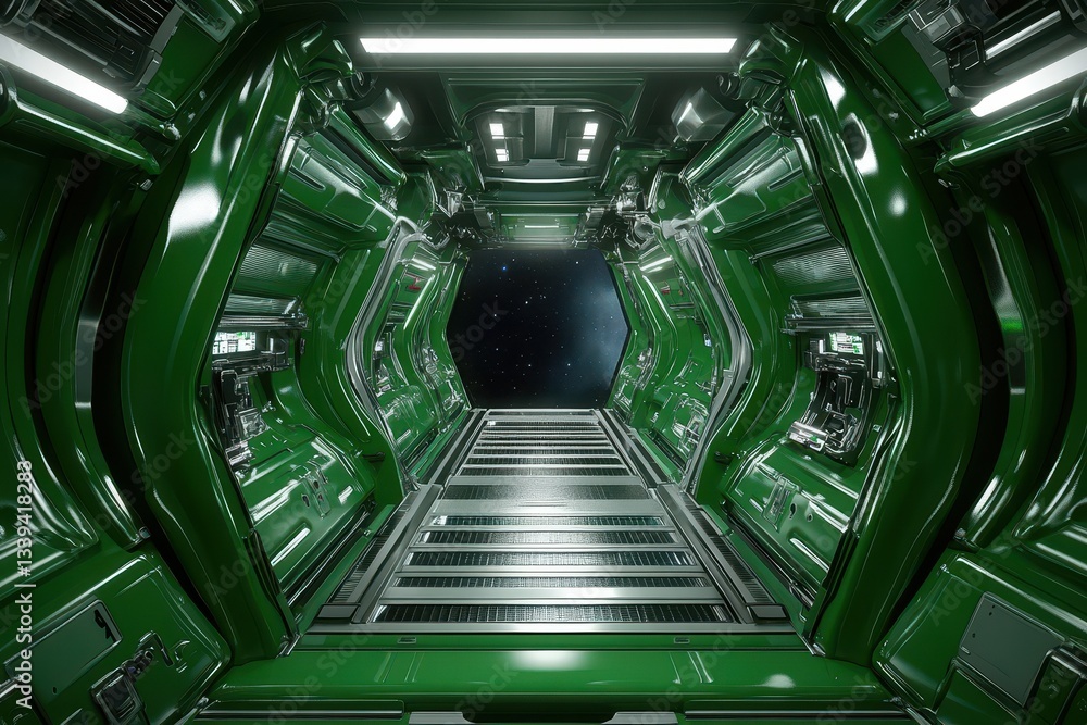 Poster a futuristic spaceship hallway corridor with a view of space