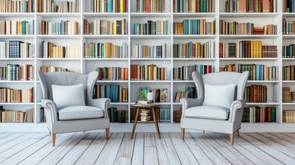 Minimalist reading space in a library with white shelves, wooden flooring, and stylish furniture. Copy space.