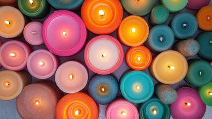 Colorful Candles in Various Shapes and Sizes with Glowing Flames