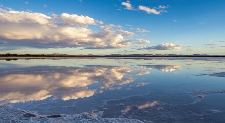 Obraz premium Reflecting Clouds Over Salt Flats Water Creates Calm Serene Scenery