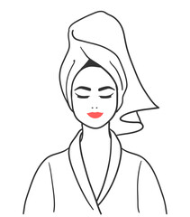 Vector line art illustration of woman with towel-wrapped hair, beauty and self-care portrait.