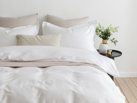 Bedroom with a double bed, fluffy down comforter with a duvet cover, four pillows, one beige cushion and bedside table with vase. Close-up front view vertical photo. Suitable for mockup