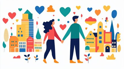 Couple holding hands in a colorful cityscape, surrounded by hearts and vibrant buildings, symbolizing love and connection.