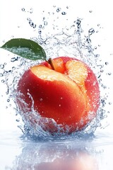 Juicy peach with a bite surrounded by splashing water drops on a white background in a studio shot with a high angle view