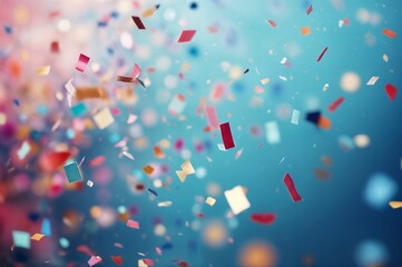 Colorful confetti falling on a holiday on a blue background