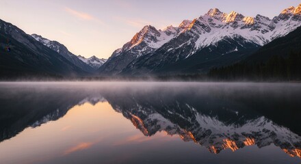 Reflecting Mountain Peaks on Still Lake at Sunrise with Fog