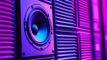 Close-up of a vibrant speaker against a textured wall, illuminated by colorful light