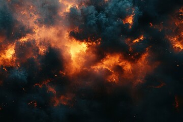 Dramatic celestial cloudscape with vibrant orange light and dark teal hues evoking cosmic energy and ethereal beauty
