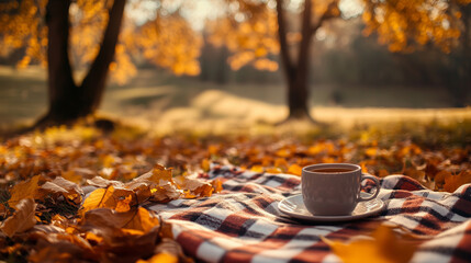 A picnic scene in the middle of a golden forest, with a checkered blanket covered in fallen leaves and a warm cup of tea