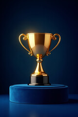 A stunning golden trophy cup placed on a deep blue velvet pedestal, set against a dark blue gradient background. The trophy gleams with realistic metallic reflections, with fine details in its handles