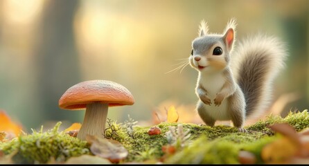Cute little squirrel stands on the moss, with an adorable mushroom next to her. Soft fur and fluffy tail are softly illuminated by the soft light, and she looks at you with big eyes full of curiosity.