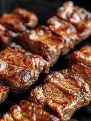Grilled beef steak pieces on a dark grill with beautiful sear marks and juicy texture close up shot for food photography