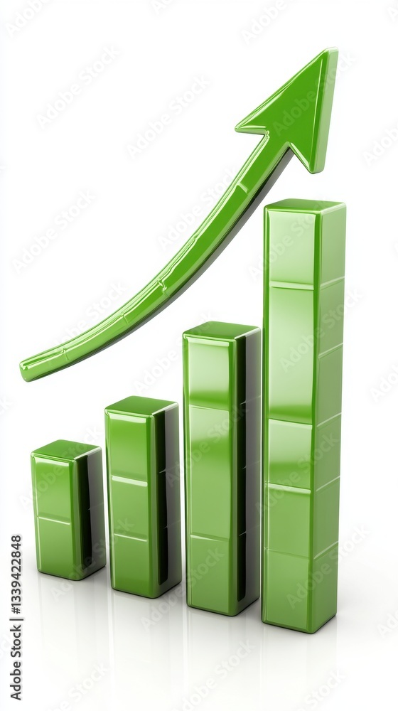 Poster upward trend in green bar graph with arrow showing growth and progress on white background for stock