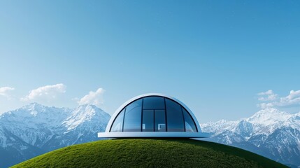 Obraz premium Mountaintop glass dome house with windpowered energy, stargazingfriendly design, and sustainable materials