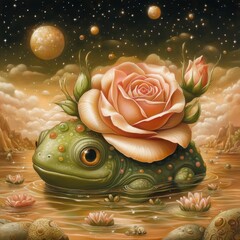 A whimsical green amphibian floats amidst a serene landscape with planets