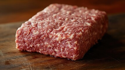 Spoiled ground beef with an unnatural brown-gray color and slimy film on a cutting board, food contamination warning. Copy space.