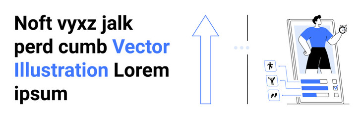 Blue upward arrow, text blocks, mobile app interface with a confident person on screen. Ideal for growth, motivation, user profiles, app design, productivity, success simple landing page