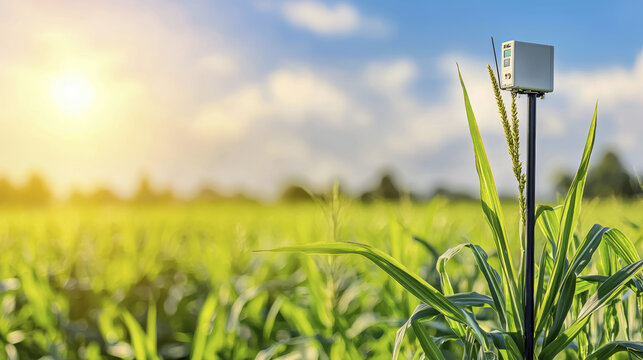 modern sensor in cornfield, capturing data for precision agriculture
