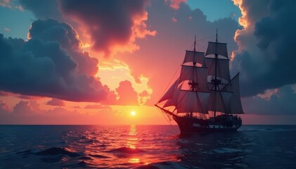 Fototapeta premium Silhouette of sailing ship against dramatic sky, sea, maritime, nautical