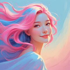 Fototapeta premium Woman portrait with pink and blue hair in the wind AI generated image