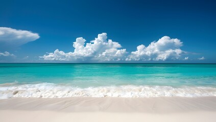 Fototapeta premium Tropical Beach with Turquoise Water, White Sand, and Blue Sky with Clouds