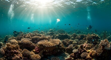Fototapeta premium Crystal-clear underwater coral gardens, teeming with vibrant, surreal marine life, 16:9
