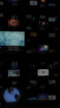 Video Wall. Journey through video screens showing financial themed videos. All videos in this animation are available in my portfolio.