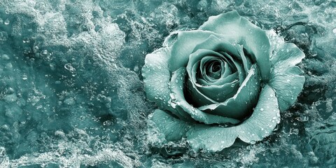 A beautiful rose with water droplets in a teal monochrome scheme