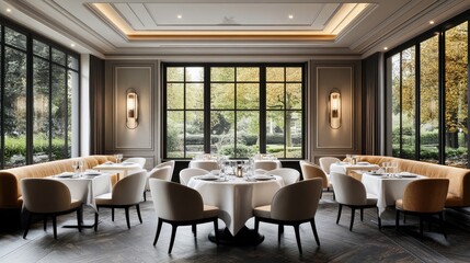 Warm wooden dining room with soft lighting, elegant dcor, and cozy seating arrangement. Copy space.